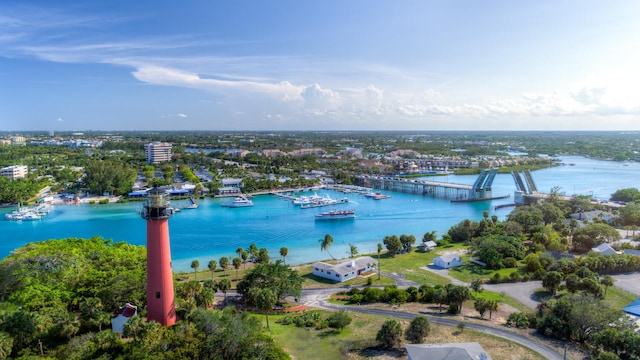 bird's eye view with a water view