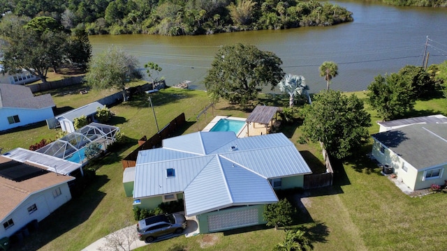 drone / aerial view featuring a water view