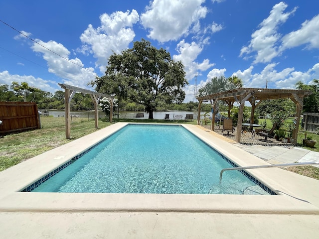 view of pool with a patio, fence, a fenced in pool, and a pergola