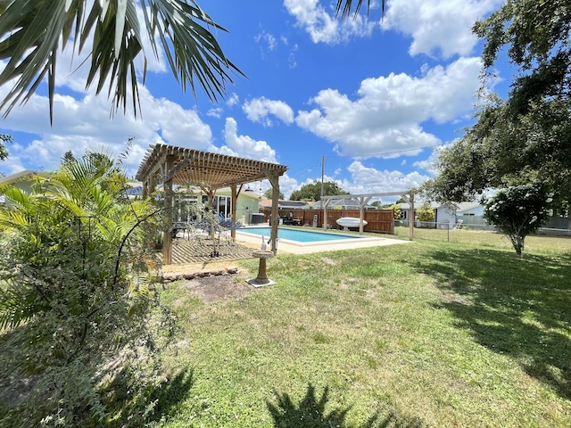 view of yard featuring a patio, a fenced backyard, a fenced in pool, and a pergola