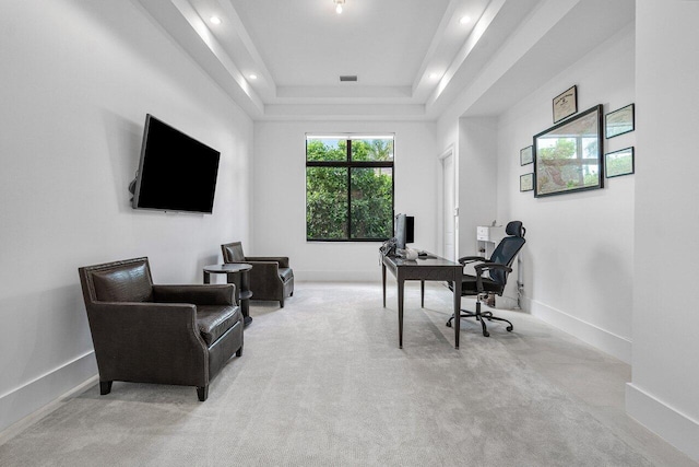 office area featuring light carpet and a tray ceiling