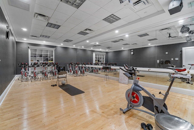 gym with light wood-type flooring, a drop ceiling, and crown molding