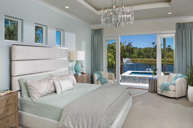 bedroom featuring carpet flooring, a tray ceiling, an inviting chandelier, and crown molding