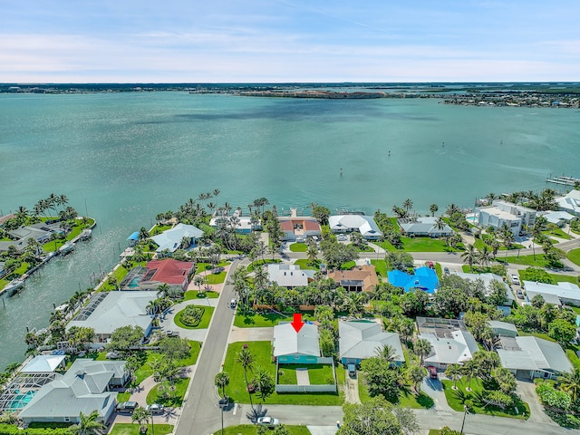 drone / aerial view featuring a water view