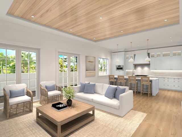 living room featuring light hardwood / wood-style flooring, wood ceiling, and a wealth of natural light