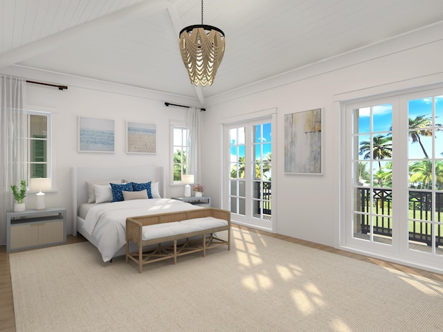 bedroom with an inviting chandelier, access to outside, hardwood / wood-style flooring, and vaulted ceiling with beams