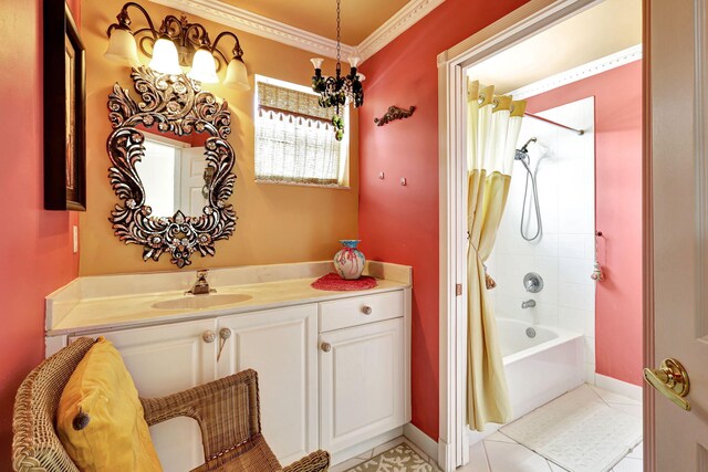 bathroom featuring shower / tub combo, vanity, crown molding, a notable chandelier, and tile patterned flooring