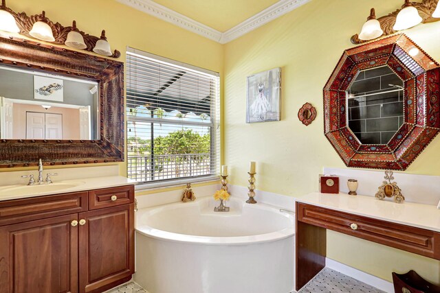 bathroom featuring vanity, a bath, and ornamental molding