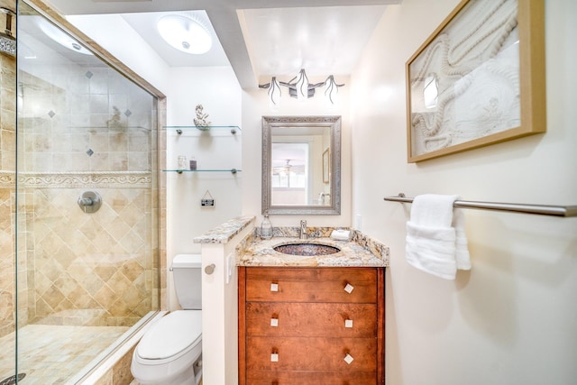 bathroom featuring vanity, toilet, and a shower with shower door