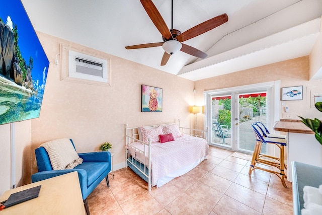 bedroom with lofted ceiling, french doors, ceiling fan, access to exterior, and light tile patterned flooring