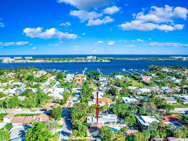 drone / aerial view featuring a water view