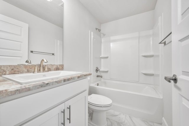 full bathroom with shower / bathing tub combination, vanity, and toilet