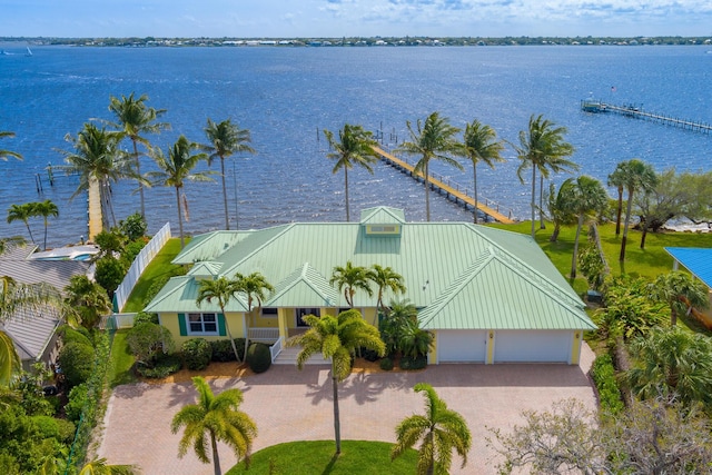 drone / aerial view featuring a water view