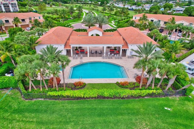 view of swimming pool featuring a patio area and a lawn