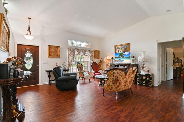 living room featuring vaulted ceiling and wood-type flooring