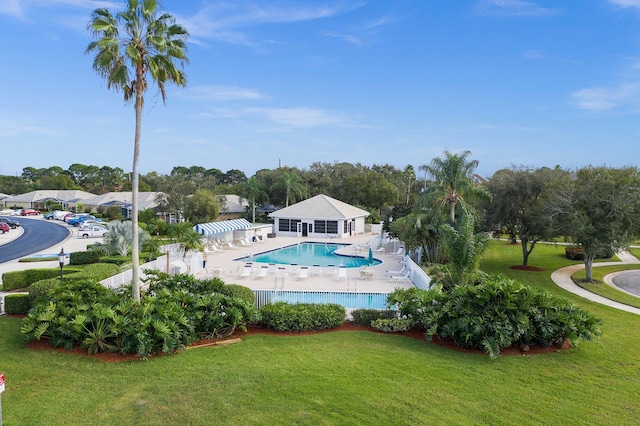 view of swimming pool with a lawn