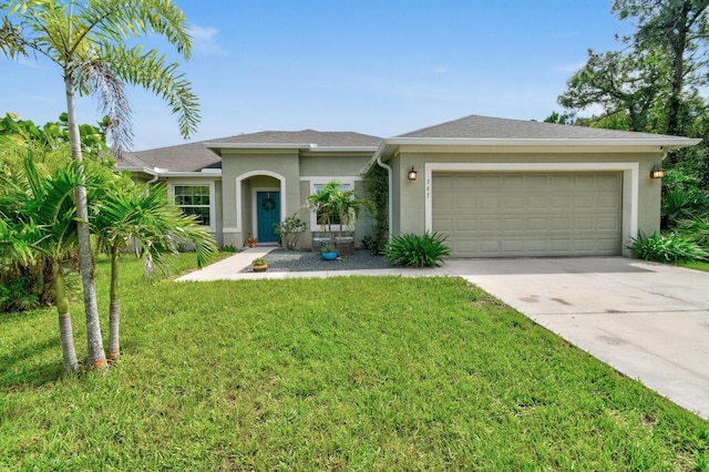 view of front of property with a garage and a front lawn