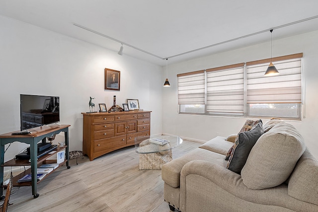 living room featuring light hardwood / wood-style floors and rail lighting