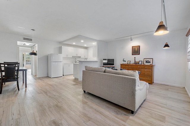 living room featuring light hardwood / wood-style floors, sink, and track lighting