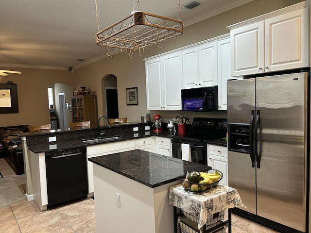 kitchen featuring kitchen peninsula, sink, white cabinetry, and black appliances