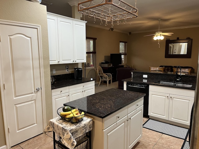 kitchen featuring white cabinetry, sink, ornamental molding, and black dishwasher