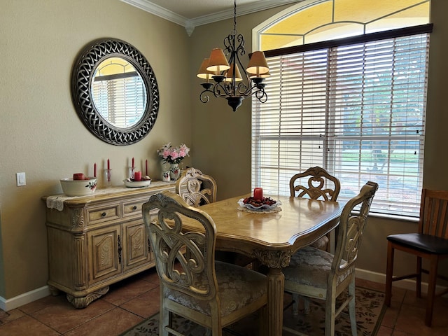 tiled dining space featuring crown molding and a notable chandelier