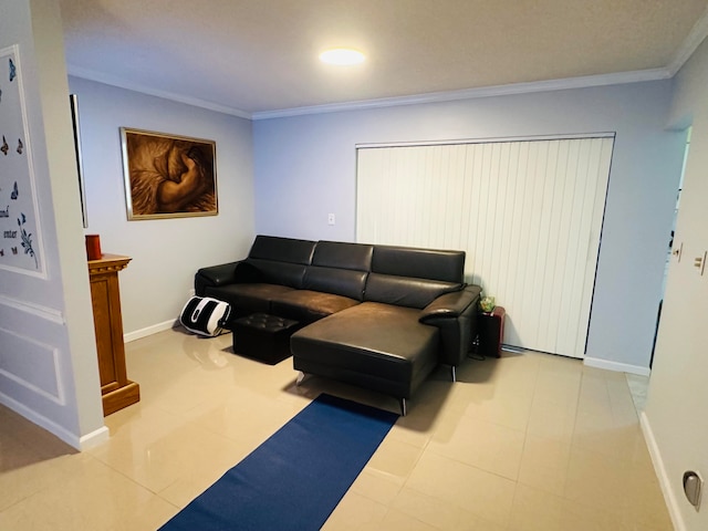 living room featuring tile patterned flooring and ornamental molding