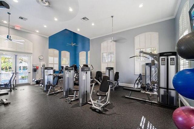 exercise room with ornamental molding, french doors, and ceiling fan