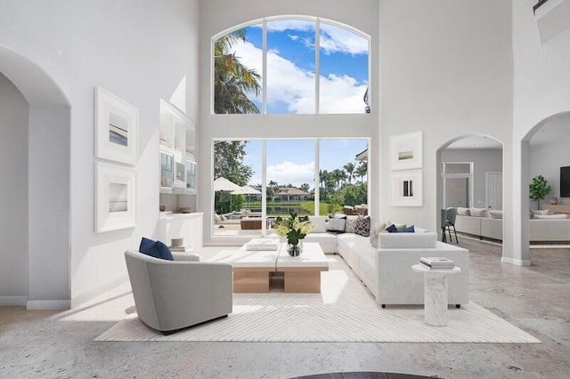 living room featuring a high ceiling