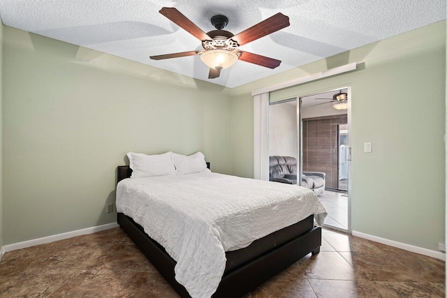 bedroom featuring ceiling fan, a closet, and a textured ceiling