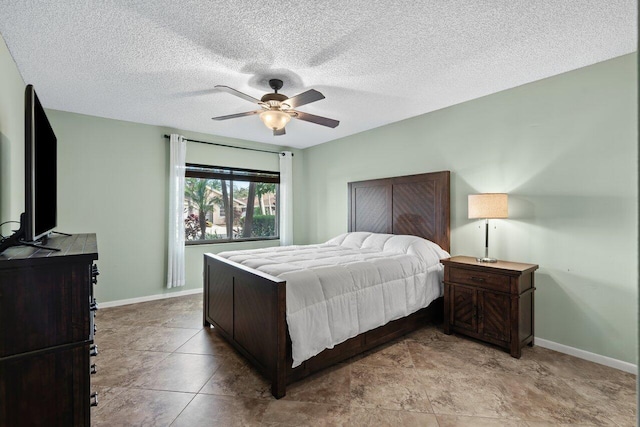 bedroom featuring a textured ceiling and ceiling fan