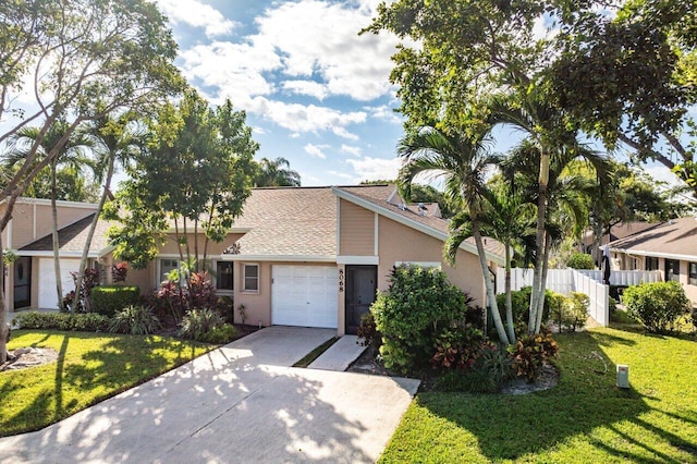 view of front of property with a front yard and a garage