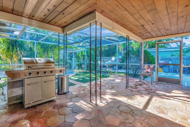 sunroom with wood ceiling