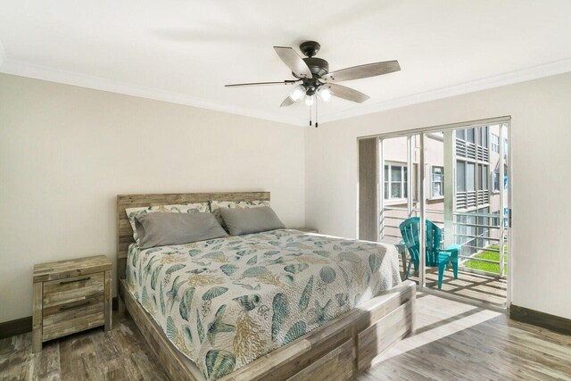 bedroom with access to exterior, hardwood / wood-style flooring, ceiling fan, and crown molding