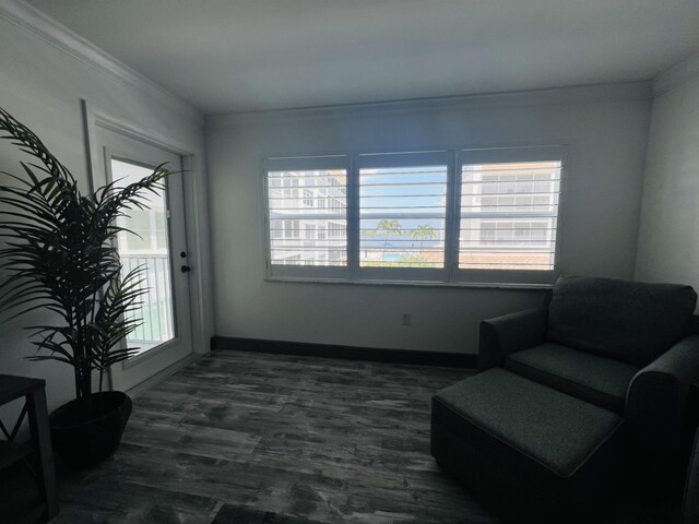 living area with a wealth of natural light and crown molding