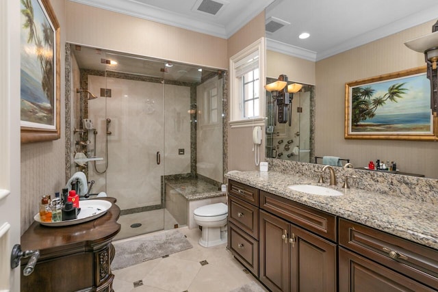 bathroom featuring crown molding, visible vents, toilet, a stall shower, and vanity