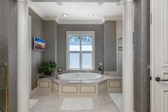 full bath with a garden tub, decorative columns, ornamental molding, and wallpapered walls