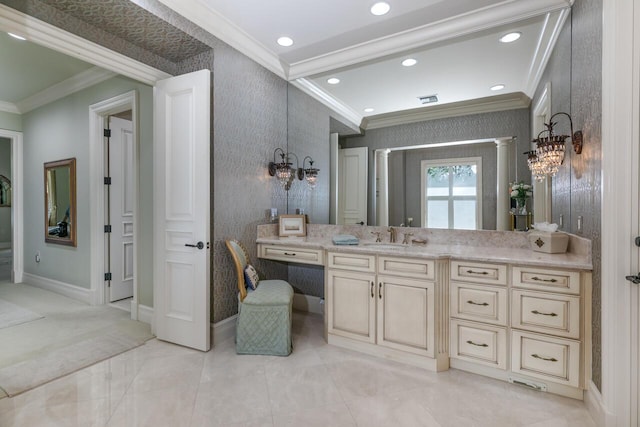 bathroom featuring wallpapered walls, crown molding, and vanity