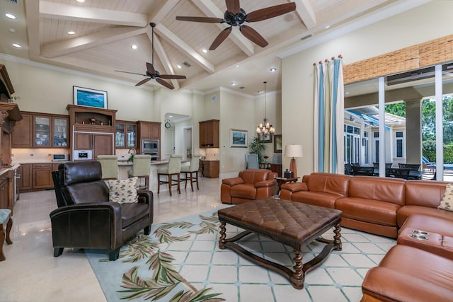 living room featuring light tile patterned floors, visible vents, a high ceiling, beam ceiling, and ceiling fan with notable chandelier