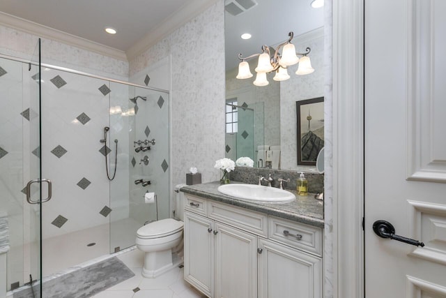 full bath featuring visible vents, ornamental molding, vanity, a shower stall, and wallpapered walls