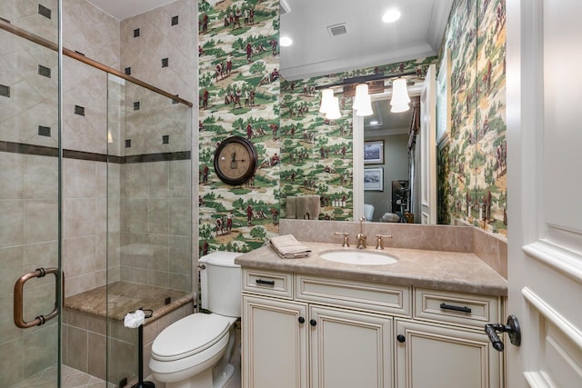 full bath with wallpapered walls, a stall shower, toilet, crown molding, and vanity