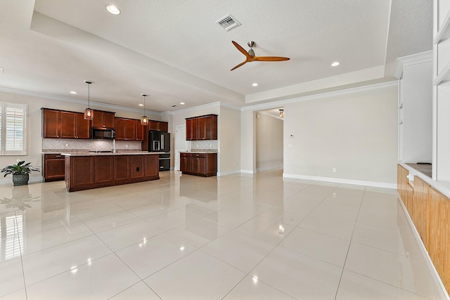 kitchen with ceiling fan, black appliances, light tile patterned floors, decorative light fixtures, and an island with sink