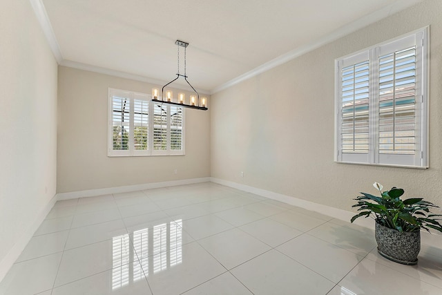 empty room with crown molding, light tile patterned floors, and an inviting chandelier