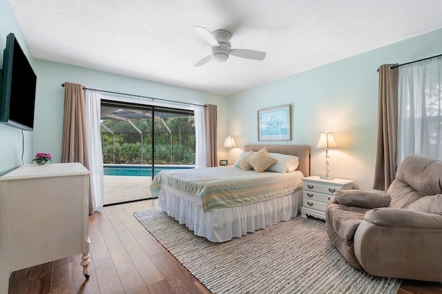 bedroom featuring hardwood / wood-style floors, access to exterior, and ceiling fan