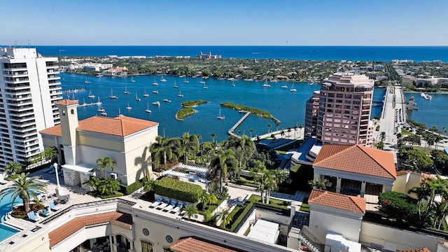 aerial view featuring a water view