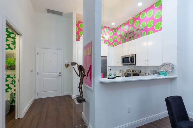 kitchen featuring decorative backsplash, stainless steel appliances, white cabinetry, and dark wood-type flooring