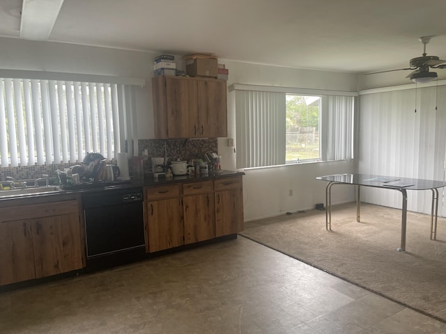 kitchen with dishwasher, tasteful backsplash, ceiling fan, and sink