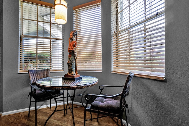 dining room with a textured wall, wood finished floors, plenty of natural light, and baseboards