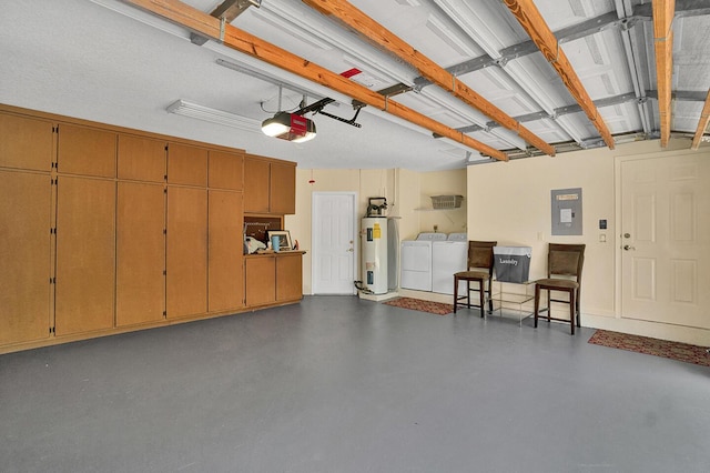 garage with washer and clothes dryer, water heater, a garage door opener, and electric panel