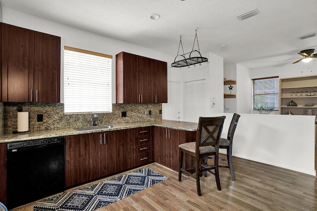 kitchen featuring black dishwasher, wood finished floors, decorative backsplash, a sink, and plenty of natural light
